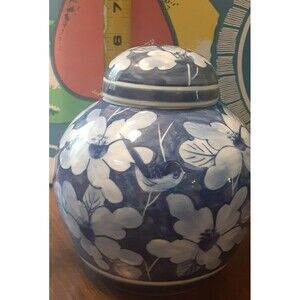 Vintage Chinese Blue White Prunus Porcelain Ginger Jar w Lid 6" H Double Ring